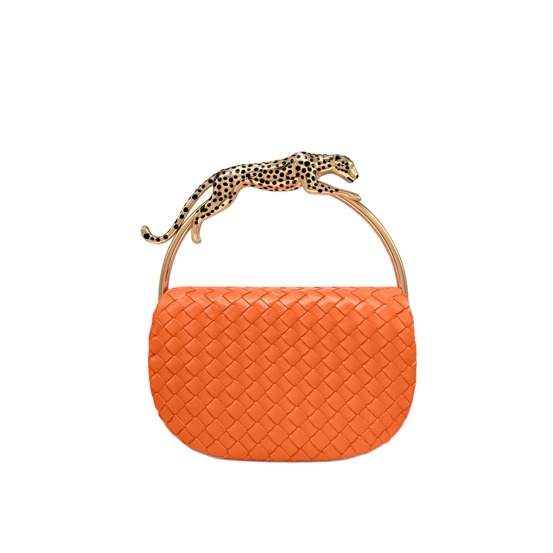 JW PEI Ione Leopard Shaped Hardware Handle Woven Top Handle Bag - Orange by JW PEI