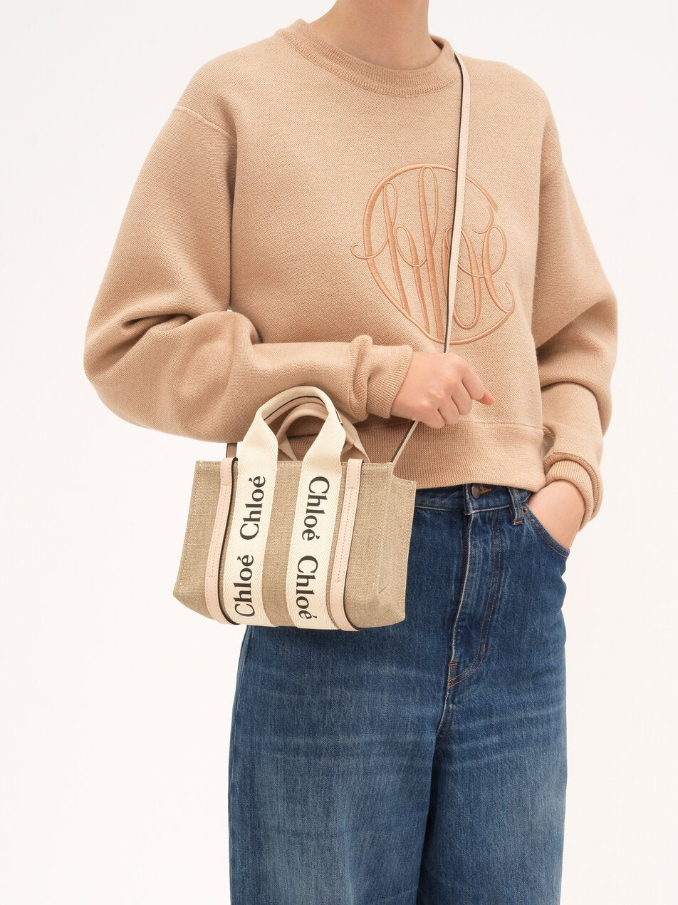 CHLOE Mini Woody tote bag in linen Cement Pink by CHLOE