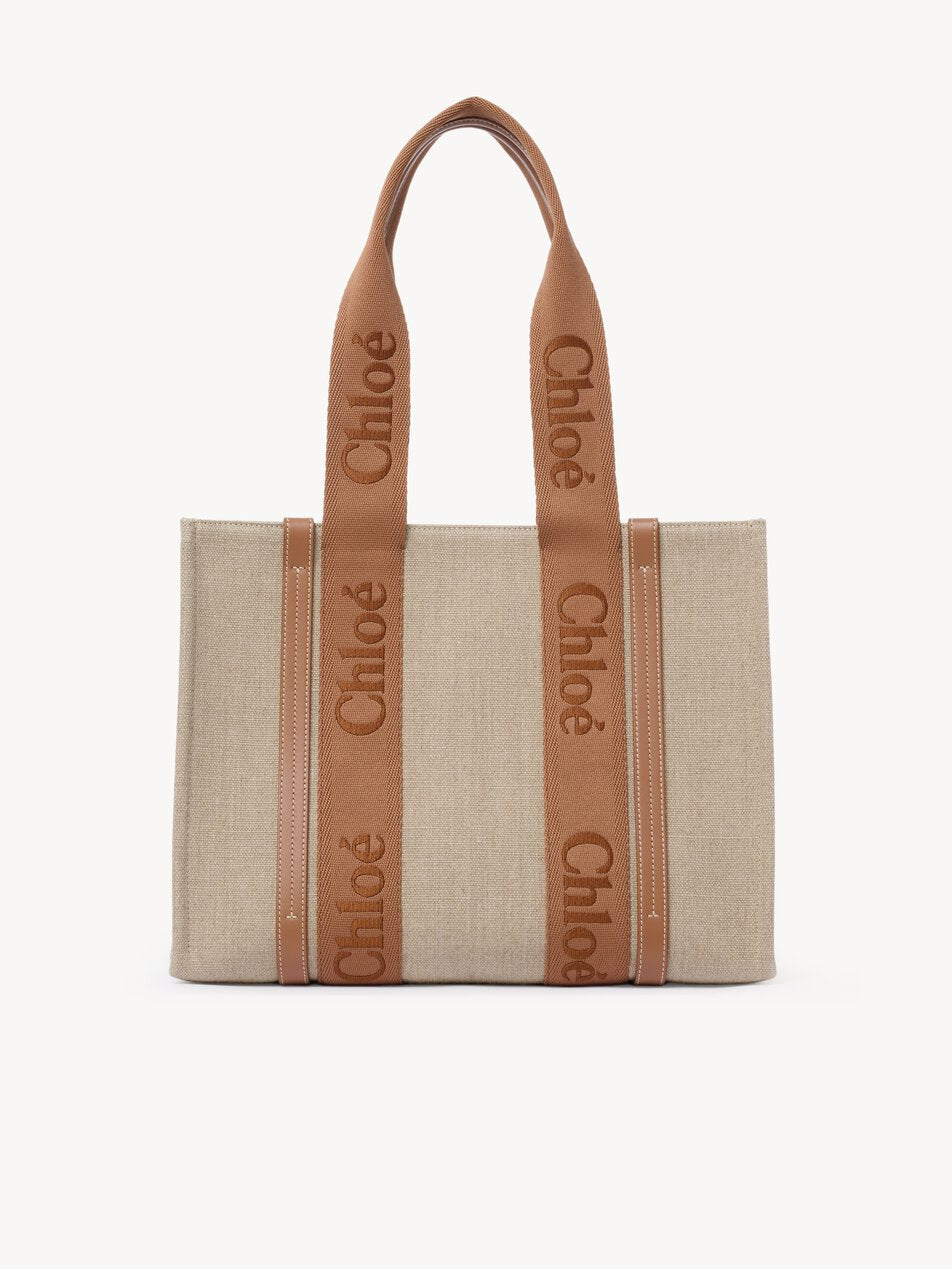 CHLOE Woody tote bag in linen Dusty Tan by CHLOE