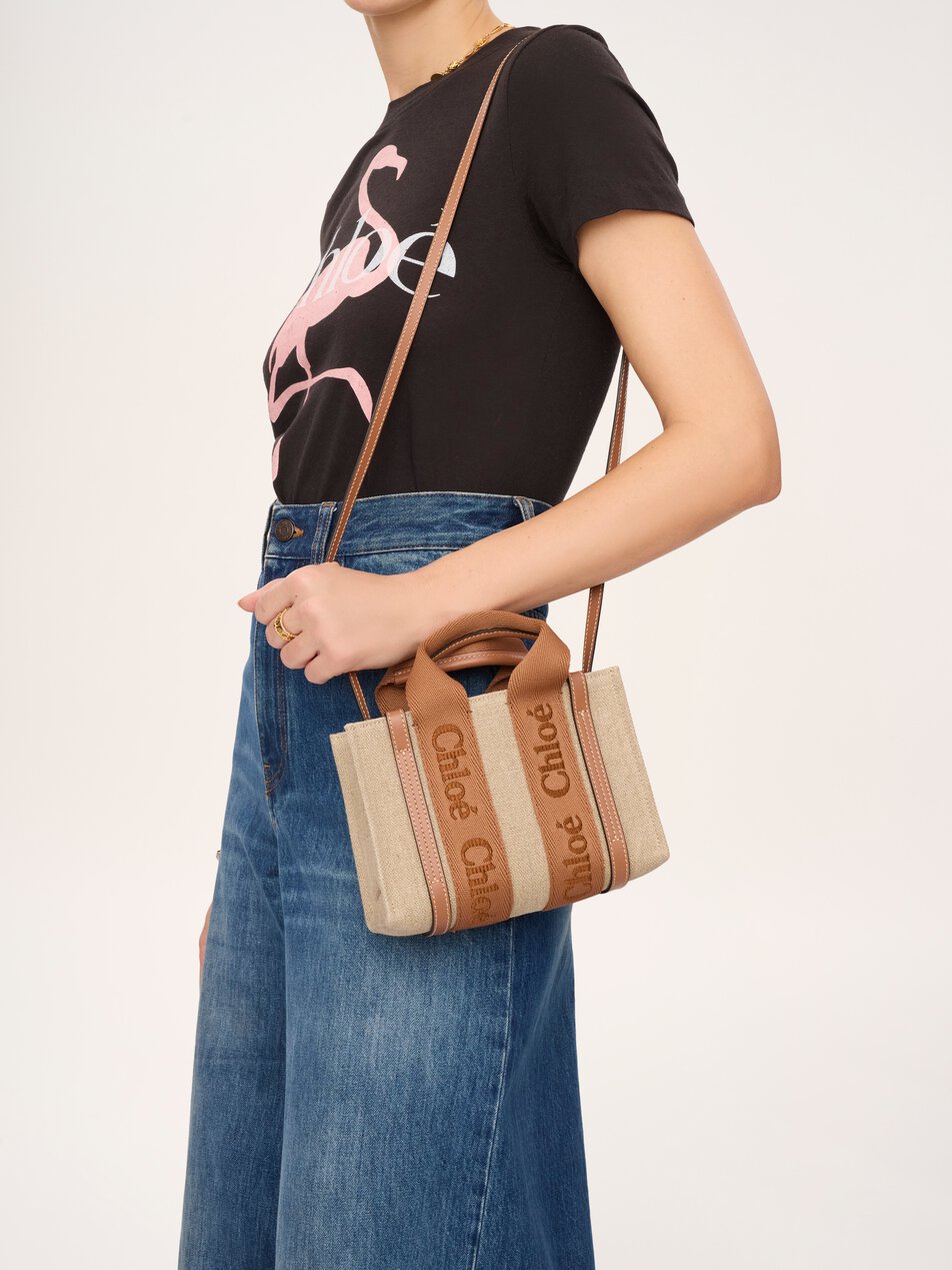 CHLOE Mini Woody tote bag in linen Dusty Tan by CHLOE