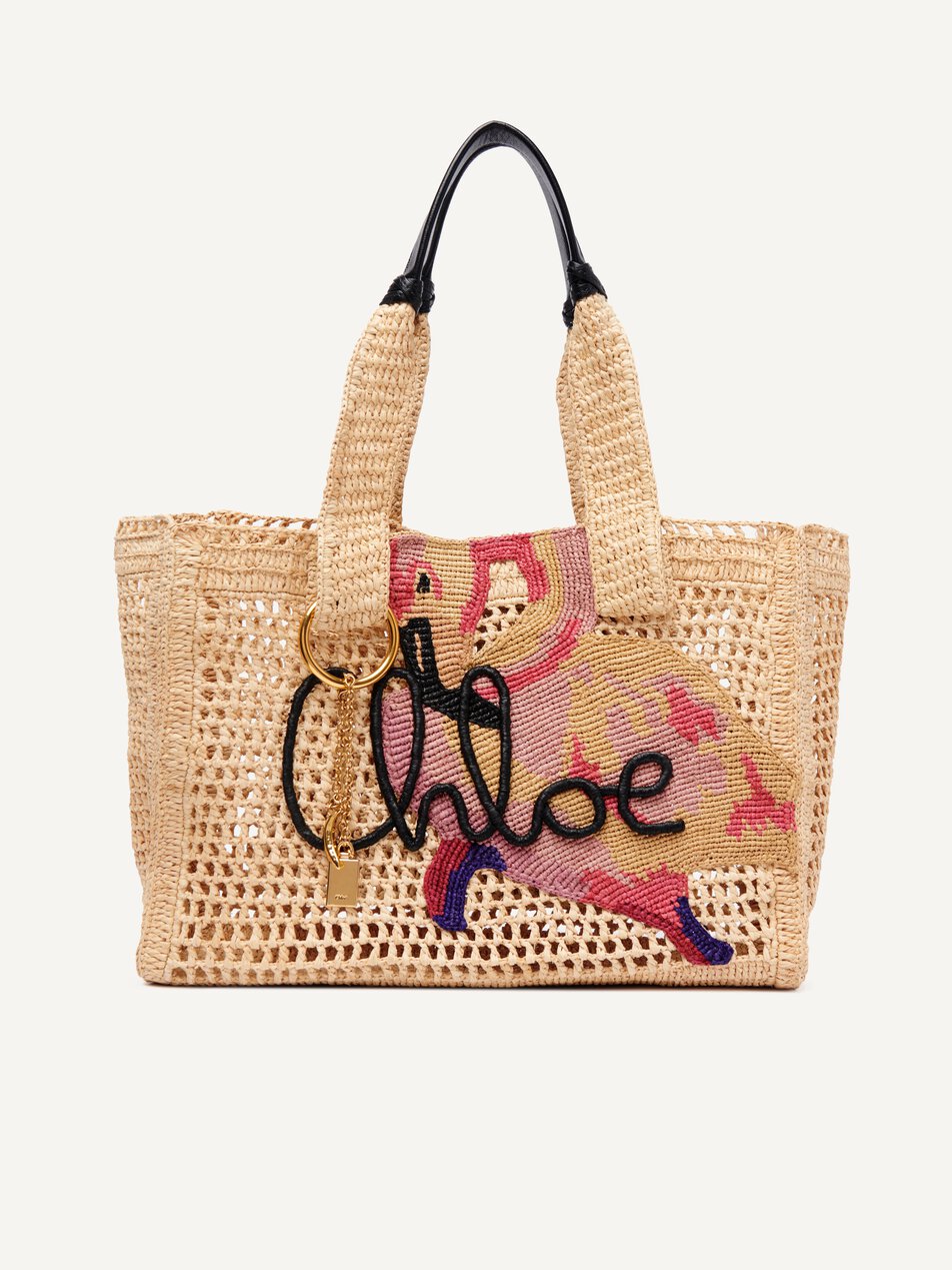 CHLOE Summer Banana east-west tote bag in raffia Multicolor Beige by CHLOE