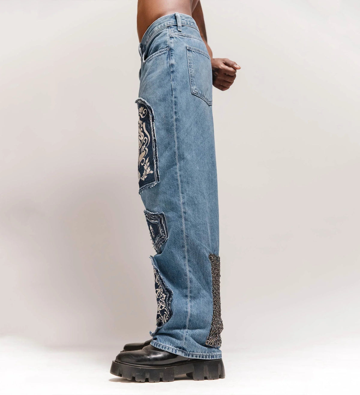 Warrior' Chainmail Armour Hand Embroidered Patchwork Denim by Cause & Effect