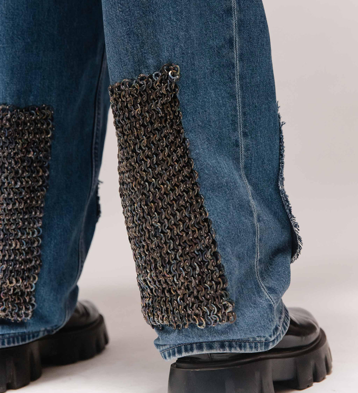 Warrior' Chainmail Armour Hand Embroidered Patchwork Denim by Cause & Effect