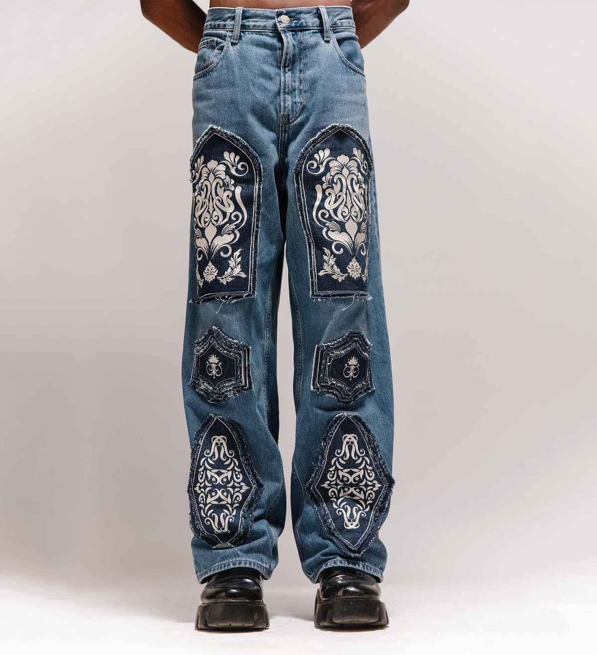 Warrior' Chainmail Armour Hand Embroidered Patchwork Denim by Cause & Effect
