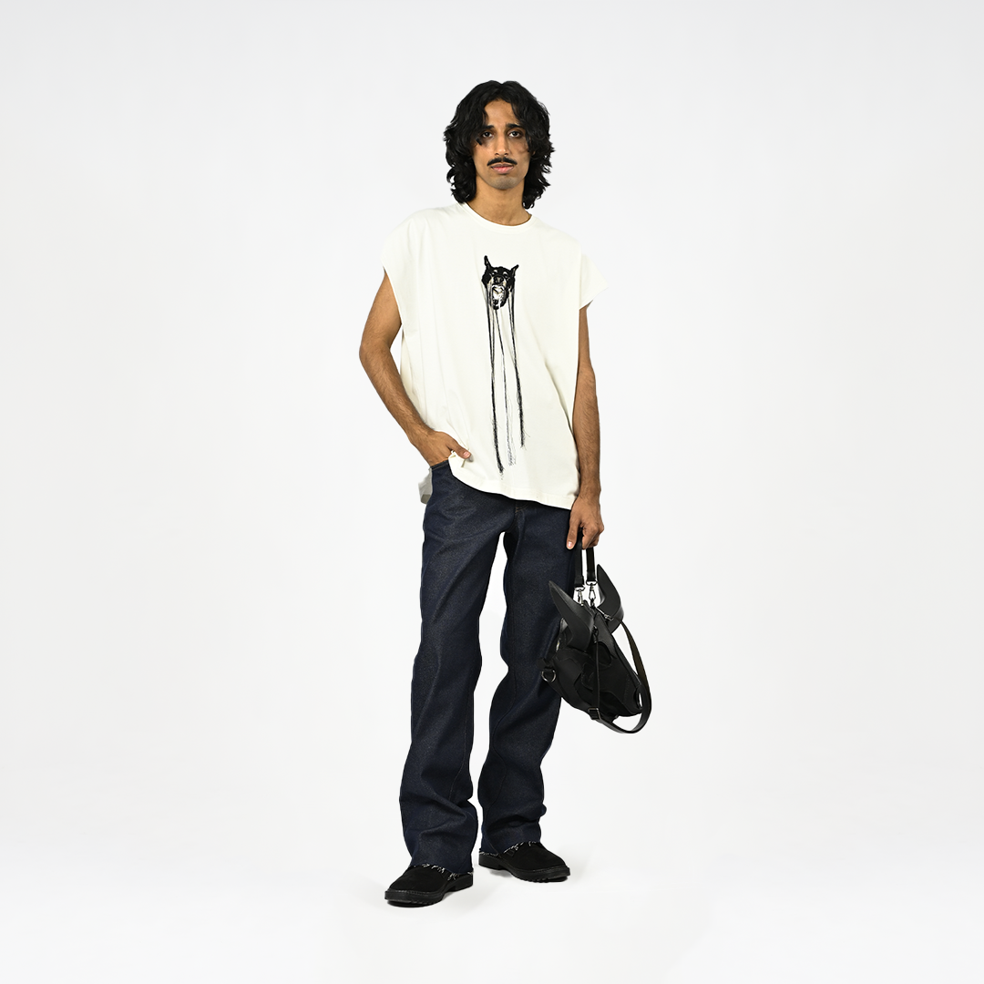 Hand-embroidered canine top with hanging silk threads (Men's) - White by HUEMN