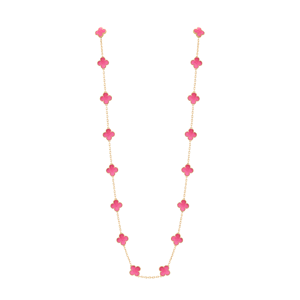 Vintage Alhambra long necklace, 20 motifs in pink enamel and 18K yellow gold, display view