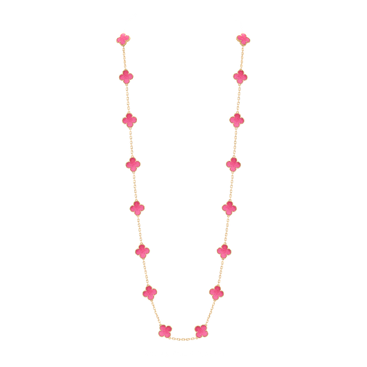 Vintage Alhambra long necklace, 20 motifs in pink enamel and 18K yellow gold, display view