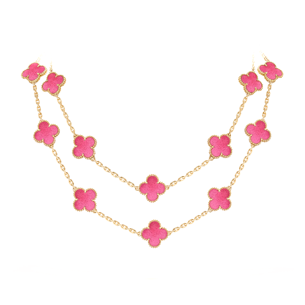 Vintage Alhambra long necklace, 20 motifs in pink enamel and 18K yellow gold, detail view