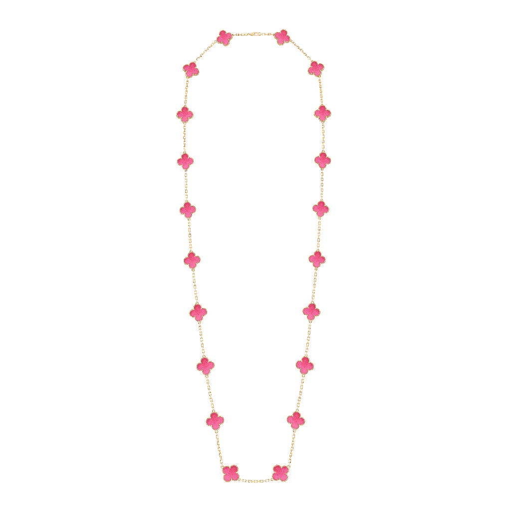 Vintage Alhambra long necklace, 20 motifs in pink enamel and 18K yellow gold, product view