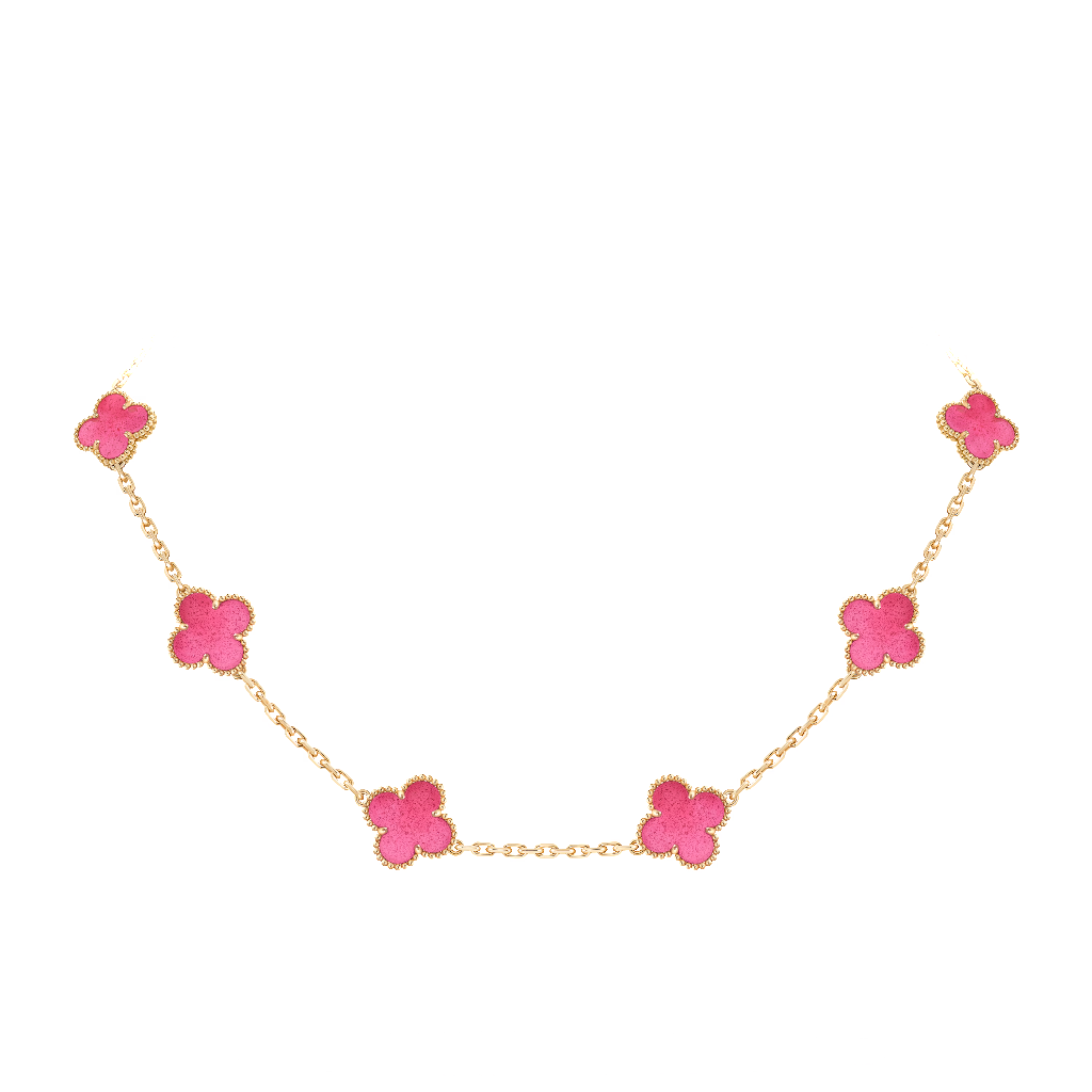Vintage Alhambra necklace, 10 motifs in pink enamel and 18K yellow gold, display view