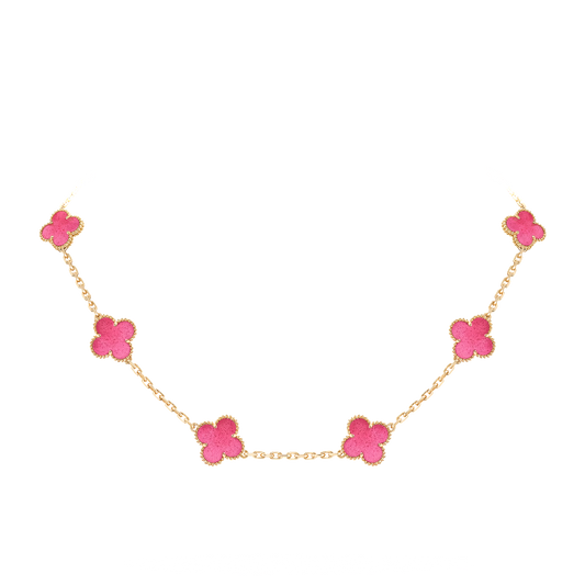 Vintage Alhambra necklace, 10 motifs in pink enamel and 18K yellow gold, display view