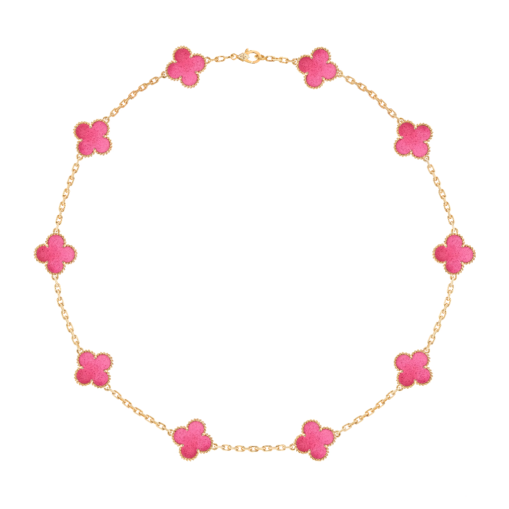 Vintage Alhambra necklace, 10 motifs in pink enamel and 18K yellow gold, product view