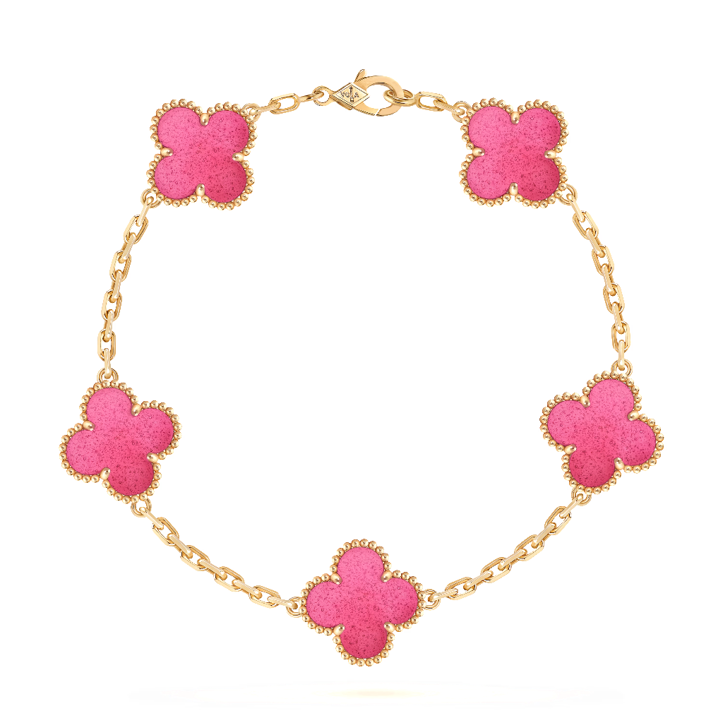 Vintage Alhambra bracelet, 5 motifs in pink enamel and 18K yellow gold, product view