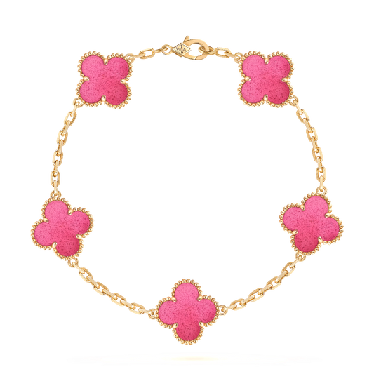 Vintage Alhambra bracelet, 5 motifs in pink enamel and 18K yellow gold, product view