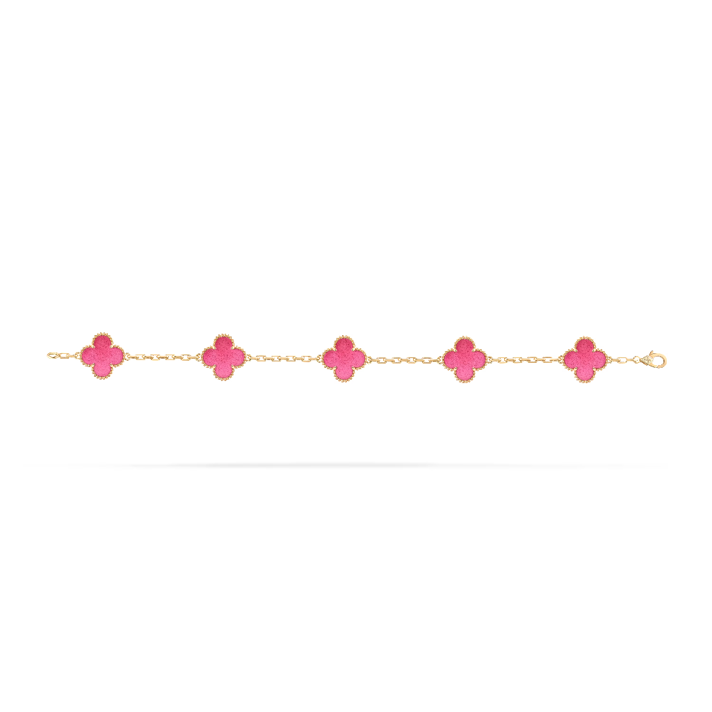 Vintage Alhambra bracelet, 5 motifs in pink enamel and 18K yellow gold, product view