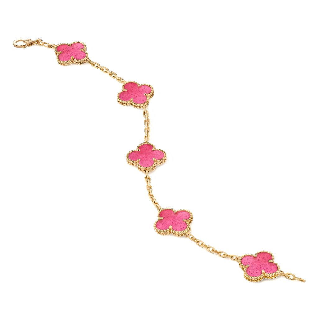 Vintage Alhambra bracelet, 5 motifs in pink enamel and 18K yellow gold, product view