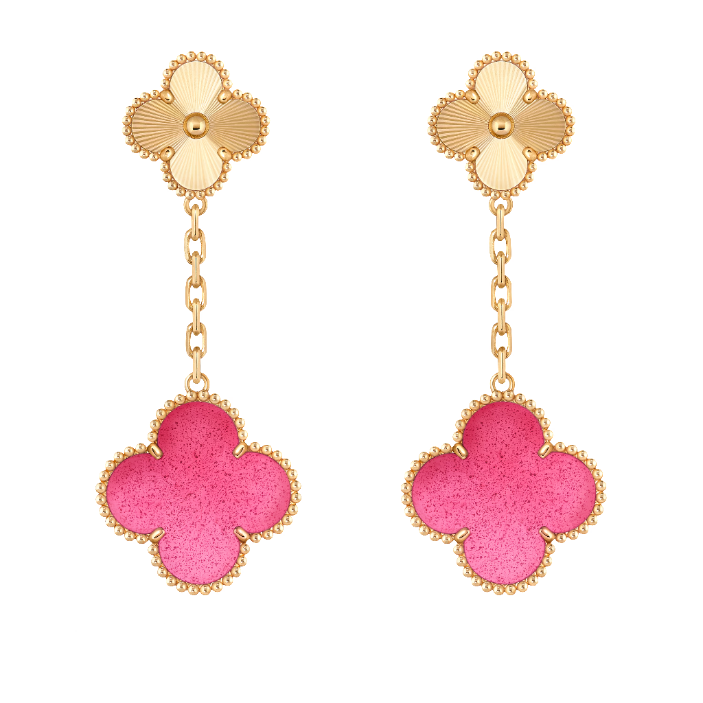 Magic Alhambra earrings, 2 motifs in pink enamel and 18K yellow gold, product view