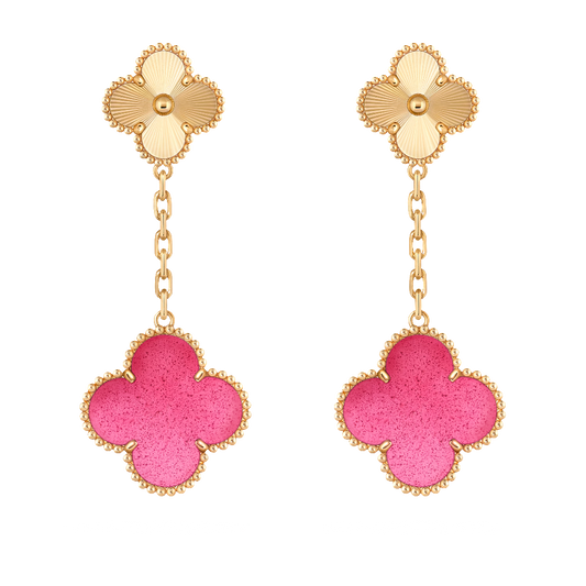 Magic Alhambra earrings, 2 motifs in pink enamel and 18K yellow gold, product view