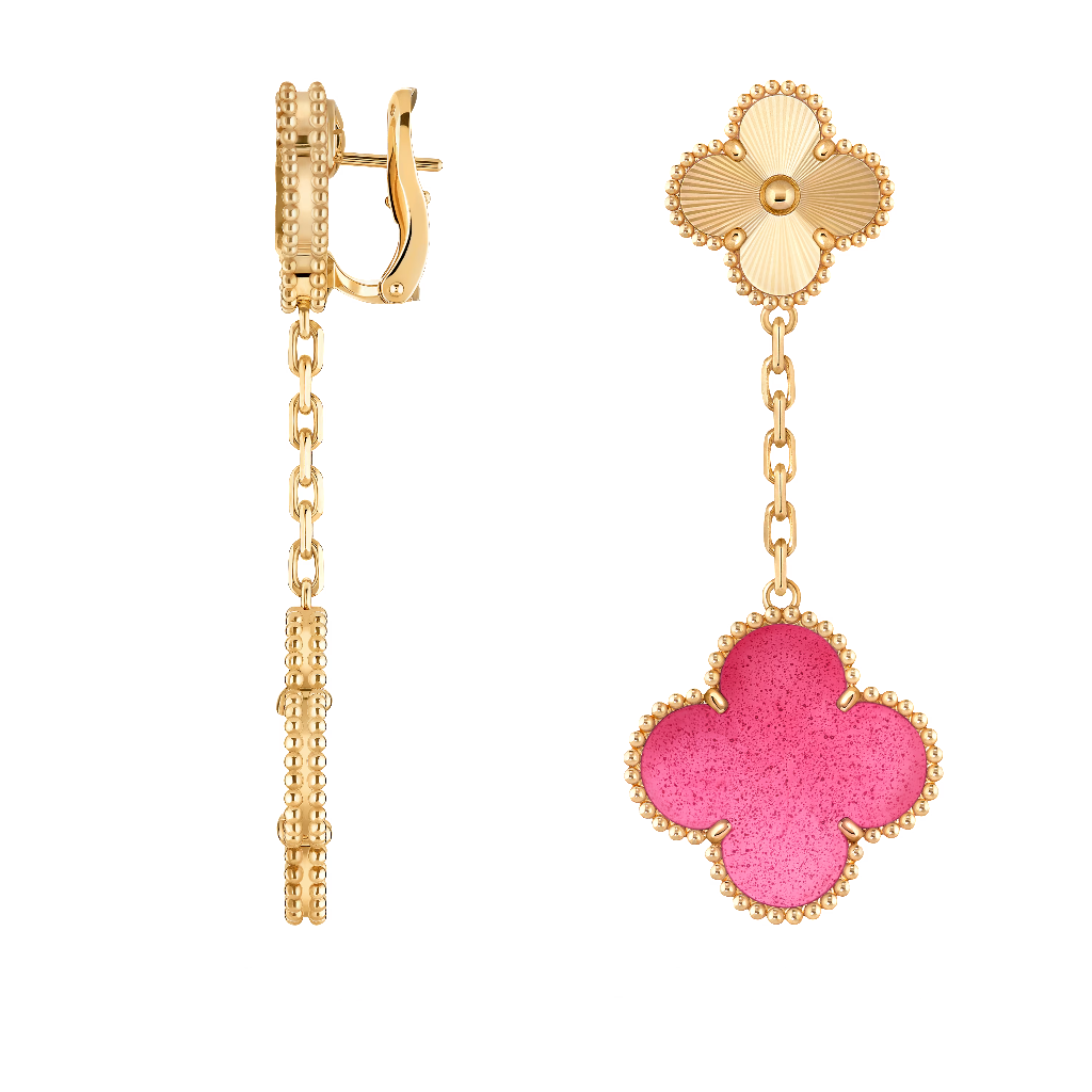 Magic Alhambra earrings, 2 motifs in pink enamel and 18K yellow gold, side profile