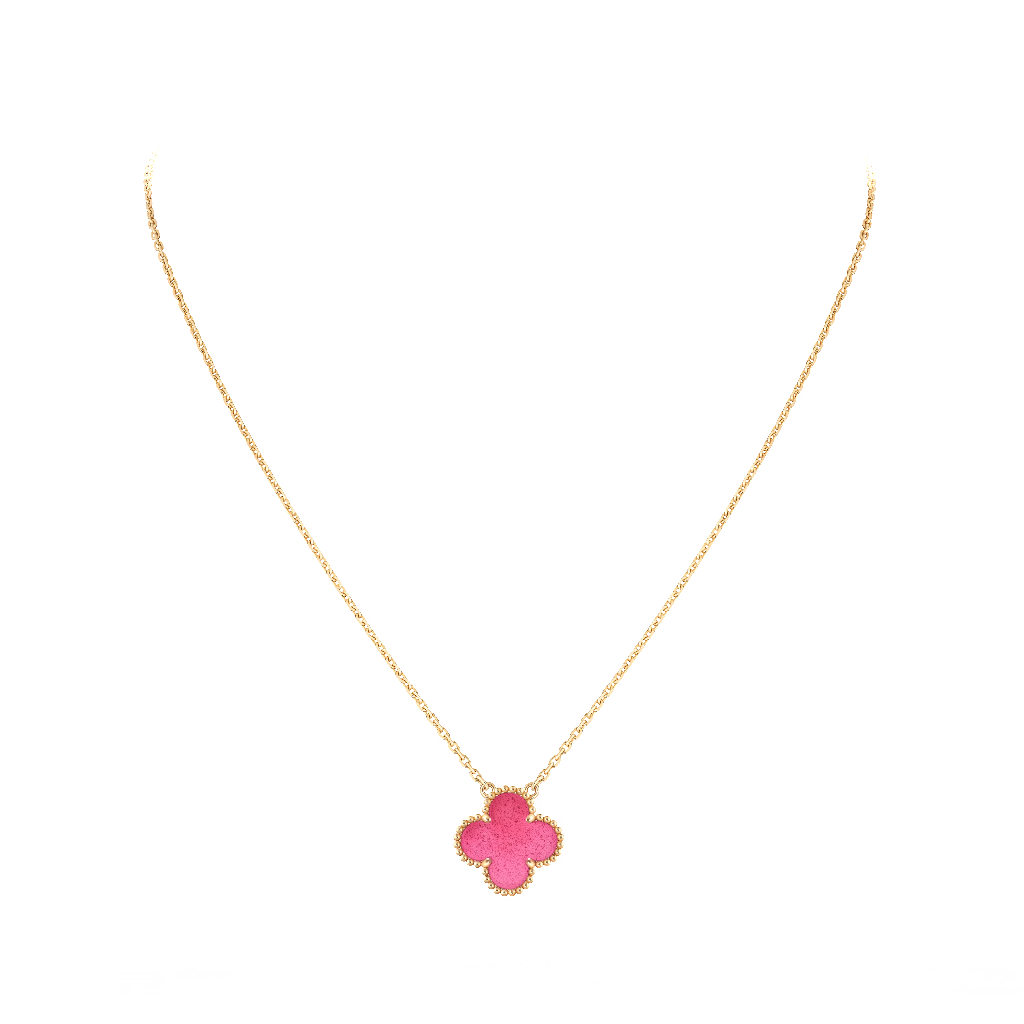Vintage Alhambra pendant in pink enamel and 18K yellow gold, angled view